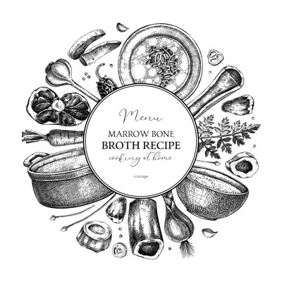 Healthy food background. Marrow bone broth wreath. Hot soup on plates, pans, bowls, organ meat, vegetables, marrow bones sketches. Hand drawn vector illustrations. Homemade food ingredient